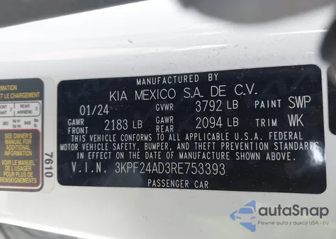 2024 Kia Forte Lxs из США, поврежденный, VIN 3KPF24AD3RE753393